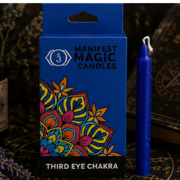 Blue Third Eye Chakra Manifest Magic candle with matching blue spell candle displayed on a mystical altar.