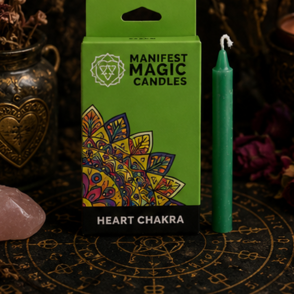 Green Heart Chakra Manifest Magic candle with matching green spell candle displayed with crystals and dried herbs.