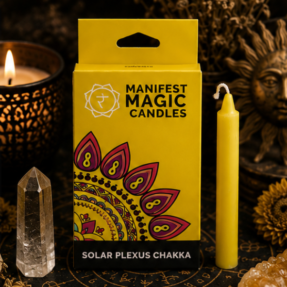 Yellow Solar Plexus Chakra Manifest Magic candle with matching yellow spell candle on a witchcraft altar with crystals.