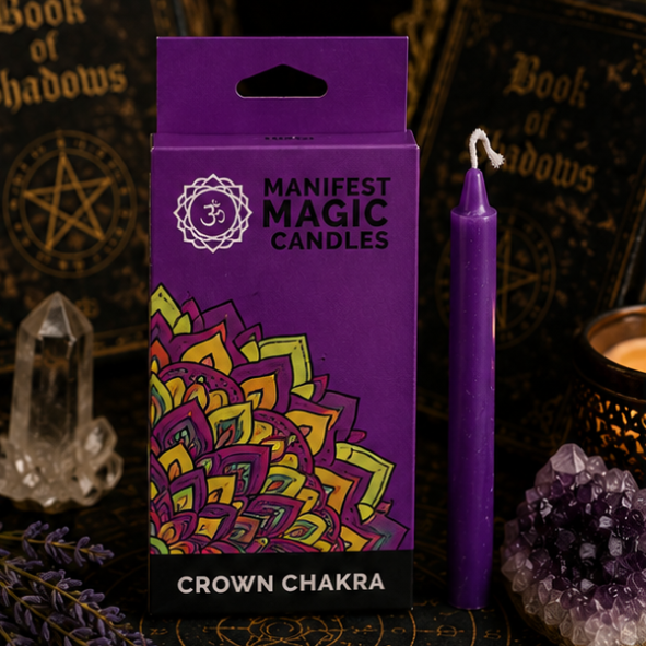 Purple Crown Chakra Manifest Magic candle with matching purple spell candle on a mystical witchcraft altar.