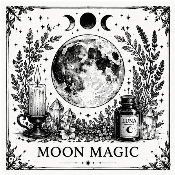 Black and white Moon Magic collection illustration featuring the full moon, ritual candle, crystals, apothecary bottle and botanical herbs in a vintage witchcraft style.
