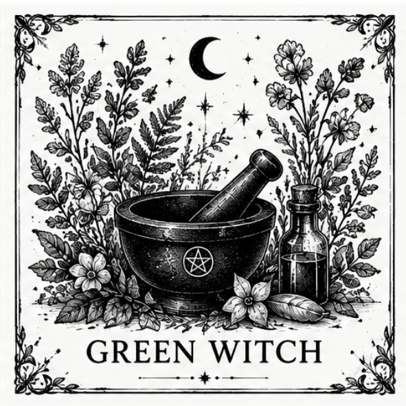 Black and white Green Witch collection illustration featuring a cauldron, mortar and pestle, apothecary bottle, magical herbs and botanical plants in a vintage witchcraft style.