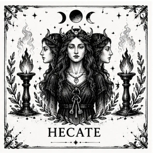 Black and white Hecate collection illustration featuring the Triple Goddess, ritual candles, crescent moons and botanical details in a vintage witchcraft style.