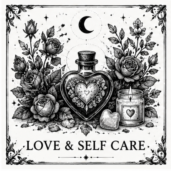 Black and white Love & Self Care collection illustration featuring a heart-shaped potion bottle, ritual candle, roses, crystals and botanical details in a vintage witchcraft style.