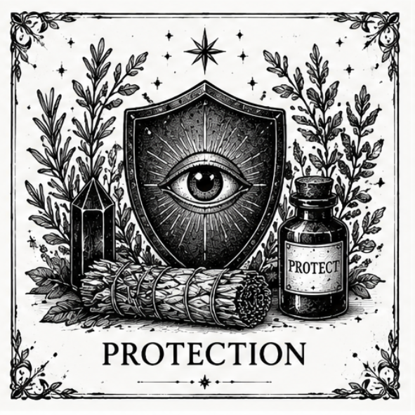 Black and white Protection collection illustration featuring a protective pentacle, ritual candle, apothecary bottle, herbs and crystals in a vintage witchcraft style.