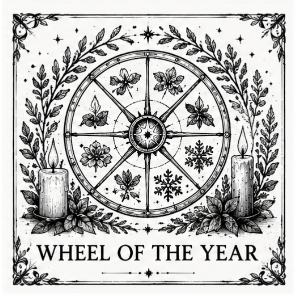Black and white Wheel of the Year collection illustration featuring the eight Sabbats, seasonal botanical elements, ritual candles and magical symbols in a vintage witchcraft style.