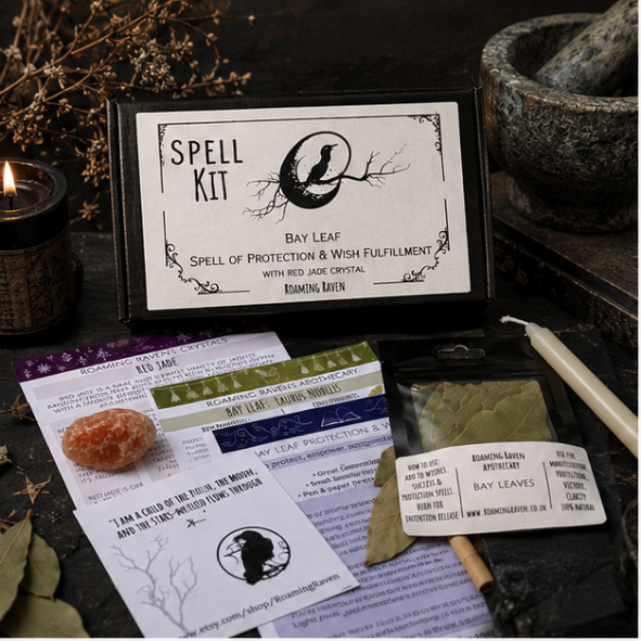 Bay leaf protection spell kit with red jade crystal, spell candle, ritual scroll, bay leaves and instructions displayed on a dark witchy altar with candles and apothecary décor.