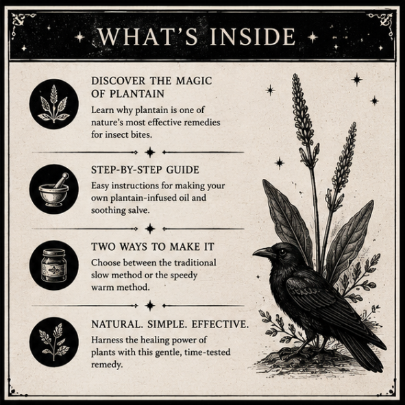 Free Plantain Salve Recipe PDF digital download featuring a botanical herbal guide for making plantain infused oil and soothing salve for insect bites.