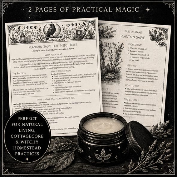 Free Plantain Salve Recipe PDF digital download featuring a botanical herbal guide for making plantain infused oil and soothing salve for insect bites.