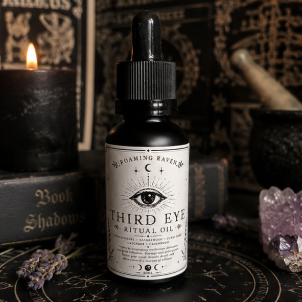 Roaming Raven Third Eye Ritual Oil in a black dropper bottle beside a black candle, Book of Shadows and amethyst crystals on a witch's altar.