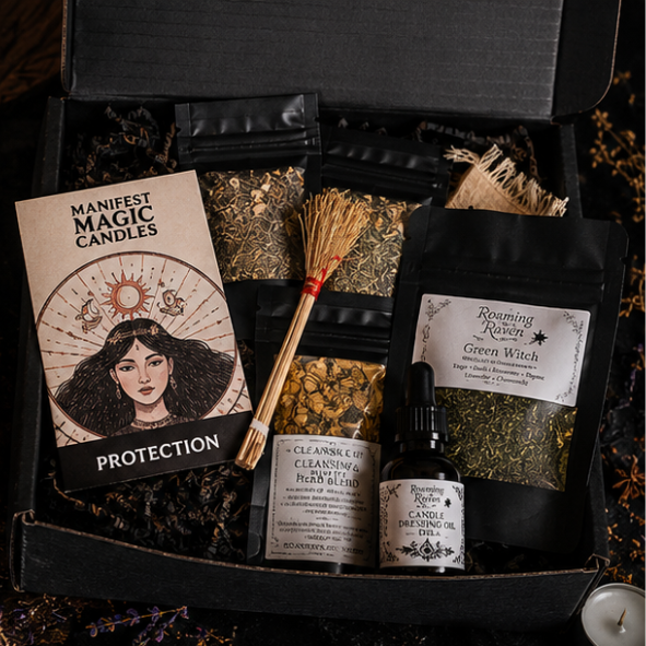 Open Starter Witch Box showing protection spell candles, herb blends, candle dressing oil, altar cloth, mini besom and green witch herbs.