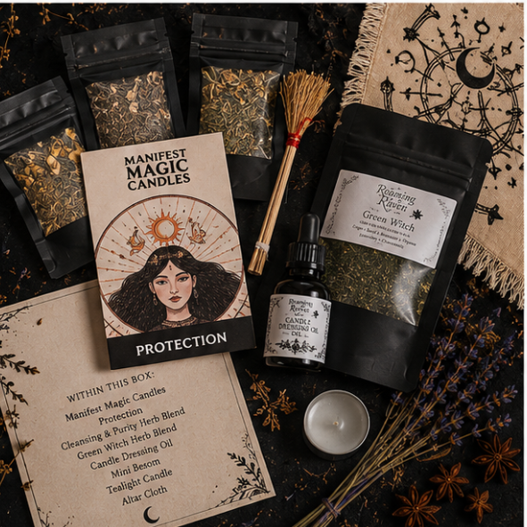 Starter Witch Kit with protection candles, ritual herbs, altar cloth, candle dressing oil and magical tools displayed on a witchy background.