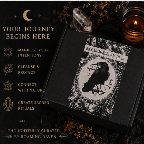 Premium Starter Witch Box gift with raven sleeve packaging displayed beside candlelight and crystals on a mystical altar.