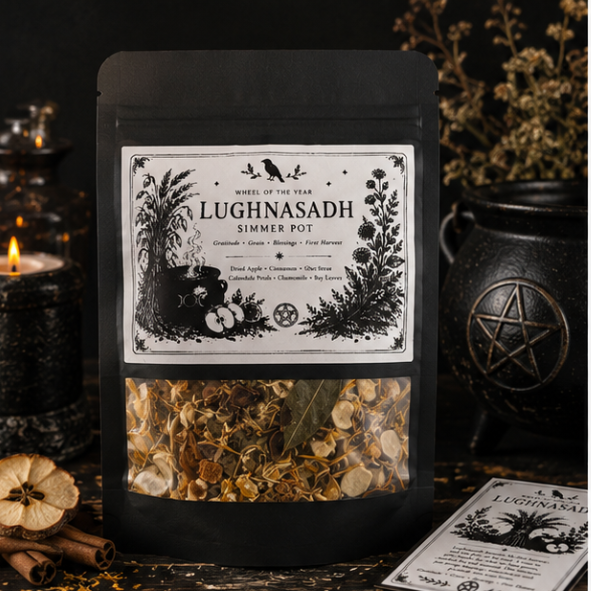 Lughnasadh simmer pot gift set displayed in a presentation box with an illustrated ritual information card and botanical simmer pot blend.