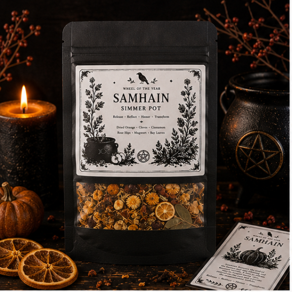Close-up of a Samhain simmer pot with dried orange slices, cloves, cinnamon, rose hips, mugwort and bay leaves alongside a matching seasonal ritual card.