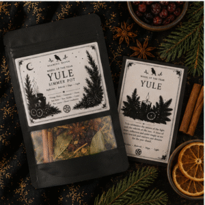 Close-up of a Yule simmer pot showing dried orange slices, cinnamon sticks, star anise, pine needles, bay leaves and cranberries with a matching Yule ritual card.