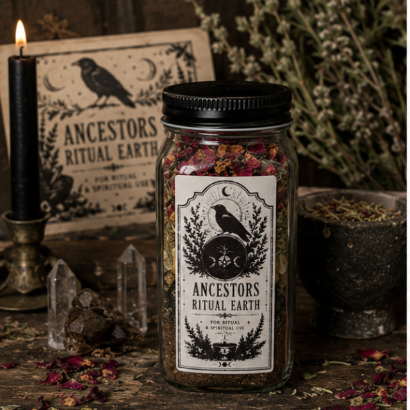 Handcrafted Ancestor Ritual Earth in a glass apothecary bottle with herbs, crystals and candle on a witchcraft altar.