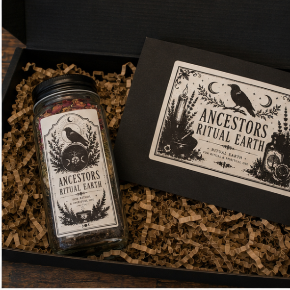 Ancestor Ritual Earth presented in a black gift box with matching information card.