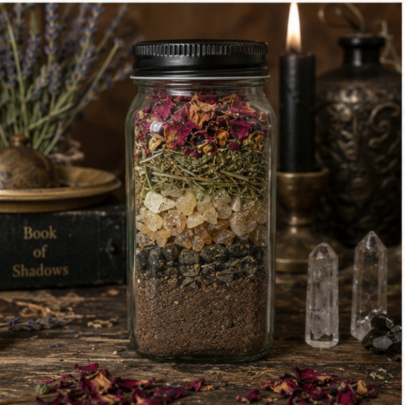 Close-up of layered Ancestor Ritual Earth showing natural earth, black volcanic sand, frankincense resin, rosemary and dried rose petals inside a glass bottle.