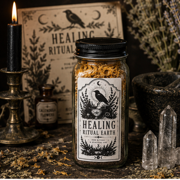 Handcrafted Healing Ritual Earth in a glass apothecary bottle displayed with crystals, candles and herbs on a witchcraft altar.
