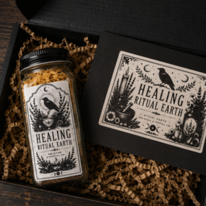 Healing Ritual Earth bottle presented in a black gift box with matching folklore guide.