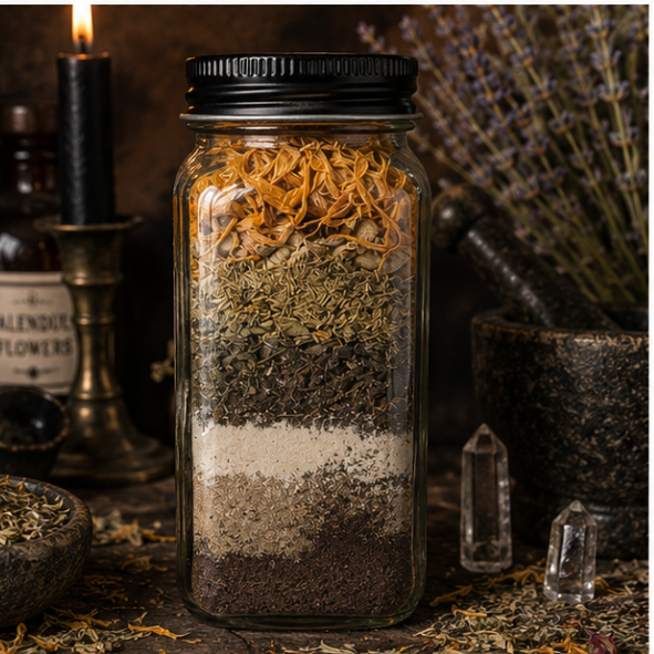 Close-up of Healing Ritual Earth showing layered natural earth, white clay, healing herbs and calendula flowers inside a glass bottle.
