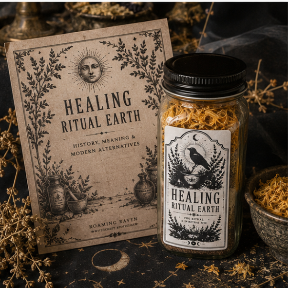 Healing Ritual Earth bottle displayed beside an illustrated folklore guide and ritual accessories on a rustic witchcraft altar.