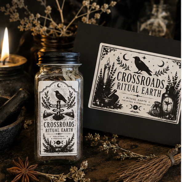 Crossroads Ritual Earth gift set featuring a layered ritual earth jar with black and white label, presented in a black gift box with an illustrated ritual guide card for witchcraft and spiritual practice.