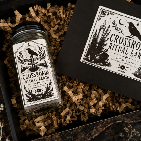 Close-up of a handcrafted Crossroads Ritual Earth jar containing layered natural earth, botanicals and ritual ingredients with a vintage witchcraft style label.