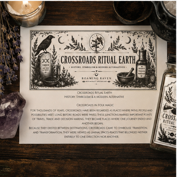 Side view of Crossroads Ritual Earth showing decorative layers of dark earth, salt, botanicals and natural ritual ingredients inside a glass jar.