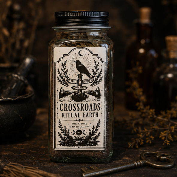 Crossroads Ritual Earth collection including ritual earth jar, illustrated information guide and matching gift presentation box for witchcraft, altar work and spiritual practice.