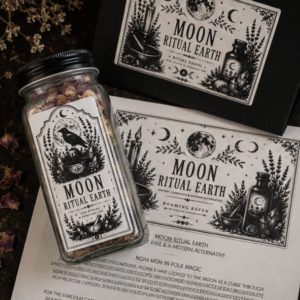 Moon Ritual Earth collection featuring a layered ritual earth jar, folklore guide and presentation box designed for lunar rituals, witchcraft and pagan spirituality.