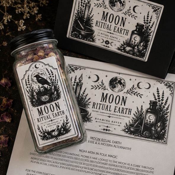 Moon Ritual Earth collection featuring a layered ritual earth jar, folklore guide and presentation box designed for lunar rituals, witchcraft and pagan spirituality.
