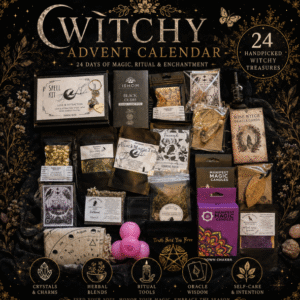 24 Day Witchy Advent Calendar gift box with handmade spell kits, crystals, herbs, oracle cards, candles, incense and magical ritual tools by Roaming Raven