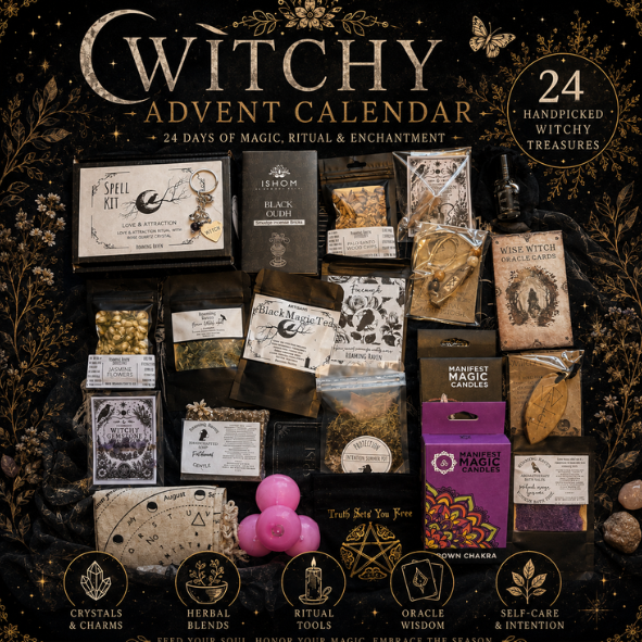 24 Day Witchy Advent Calendar gift box with handmade spell kits, crystals, herbs, oracle cards, candles, incense and magical ritual tools by Roaming Raven