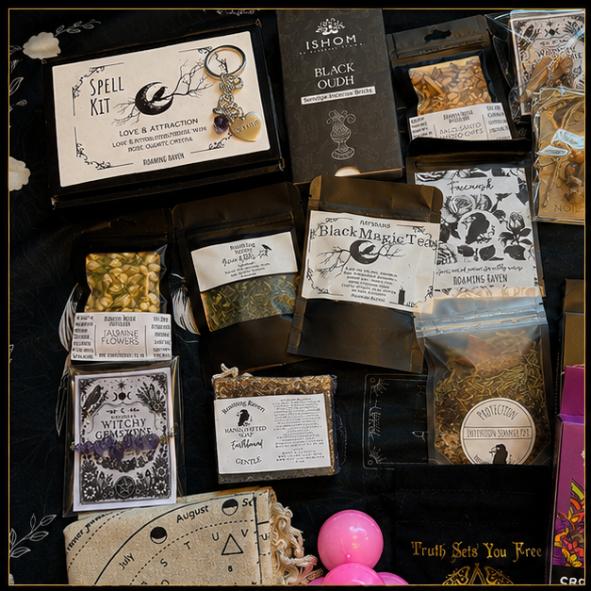 24 Day Witchy Advent Calendar gift box with handmade spell kits, crystals, herbs, oracle cards, candles, incense and magical ritual tools by Roaming Raven
