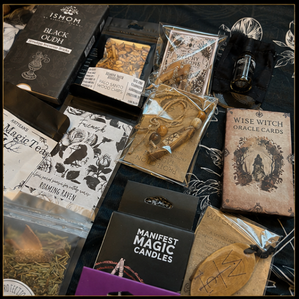 24 Day Witchy Advent Calendar gift box with handmade spell kits, crystals, herbs, oracle cards, candles, incense and magical ritual tools by Roaming Raven