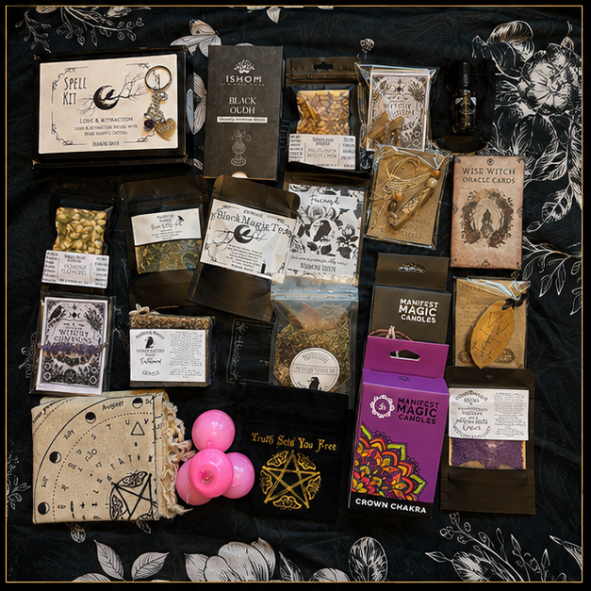 24 Day Witchy Advent Calendar gift box with handmade spell kits, crystals, herbs, oracle cards, candles, incense and magical ritual tools by Roaming Raven