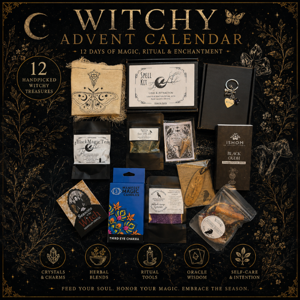 12 Day Witchy Advent Calendar gift box with handmade spell kit, incense, herbs, oracle cards, tea, crystals and ritual tools by Roaming Raven