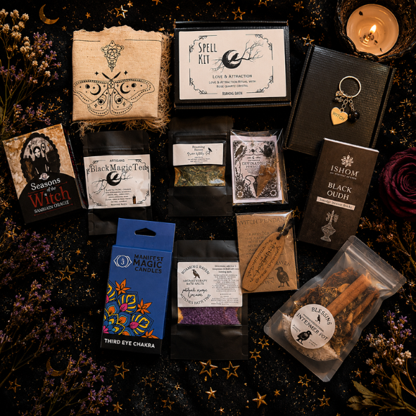 12 Day Witchy Advent Calendar gift box with handmade spell kit, incense, herbs, oracle cards, tea, crystals and ritual tools by Roaming Raven