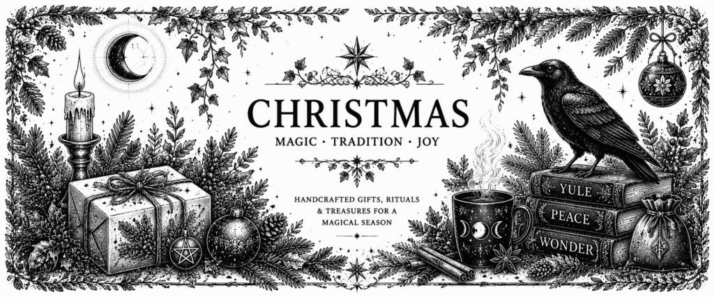 Black and white Christmas collection banner featuring a raven, Yule books, festive candle, wrapped gifts, evergreen branches, magical ornaments and winter botanicals in a vintage witchcraft style.