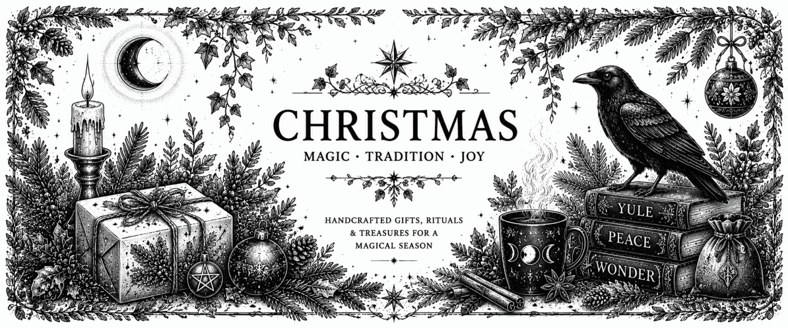Black and white Christmas collection banner featuring a raven, Yule books, festive candle, wrapped gifts, evergreen branches, magical ornaments and winter botanicals in a vintage witchcraft style.