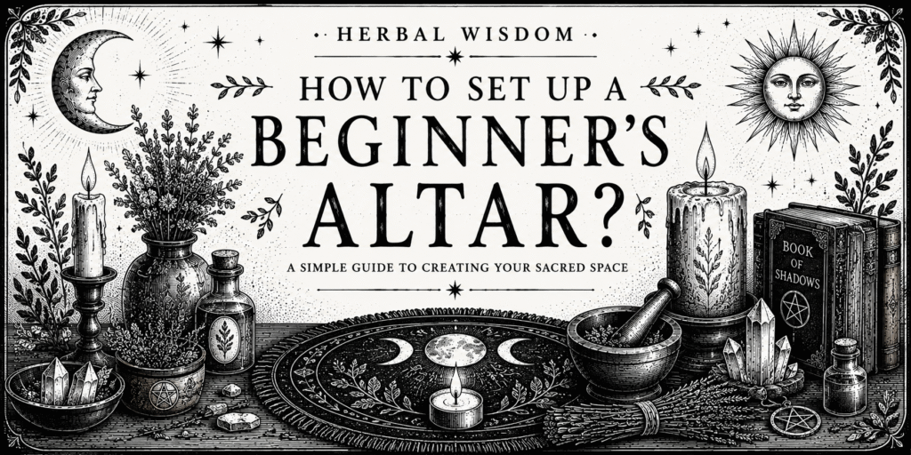How to set up a beginner's altar banner featuring vintage black and white illustrations of candles, altar cloth, herbs, crystals, Book of Shadows and magical ritual tools.