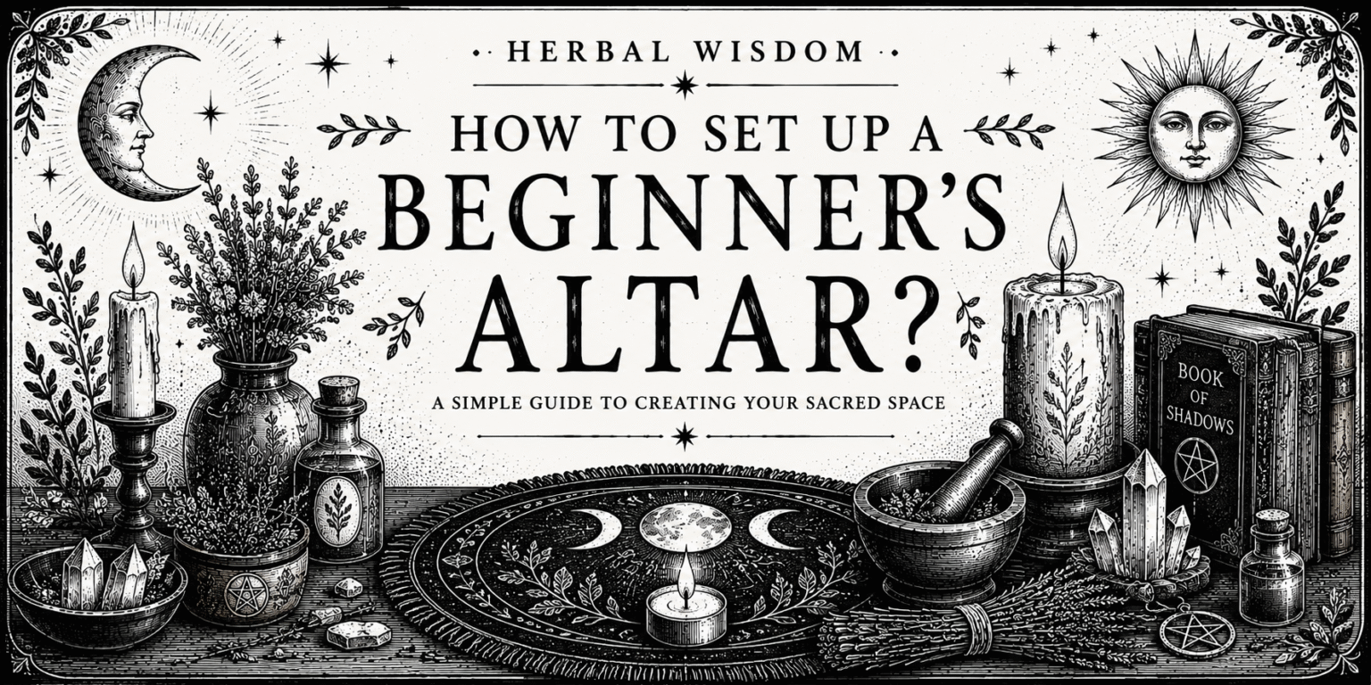 How to set up a beginner's altar banner featuring vintage black and white illustrations of candles, altar cloth, herbs, crystals, Book of Shadows and magical ritual tools.