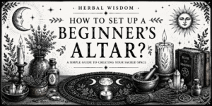 How to set up a beginner's altar banner featuring vintage black and white illustrations of candles, altar cloth, herbs, crystals, Book of Shadows and magical ritual tools.