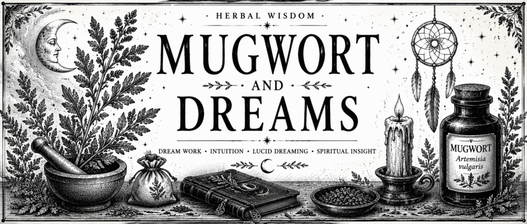Mugwort and dreams banner featuring vintage botanical mugwort, dreamcatcher, moon, candle, apothecary jar and magical herbal illustrations.