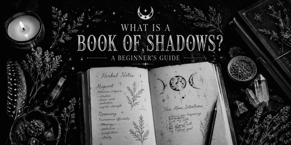 Book of Shadows for beginners banner featuring an open magical journal surrounded by herbs, crystals, candles and botanical illustrations in a black and white witchcraft aesthetic.