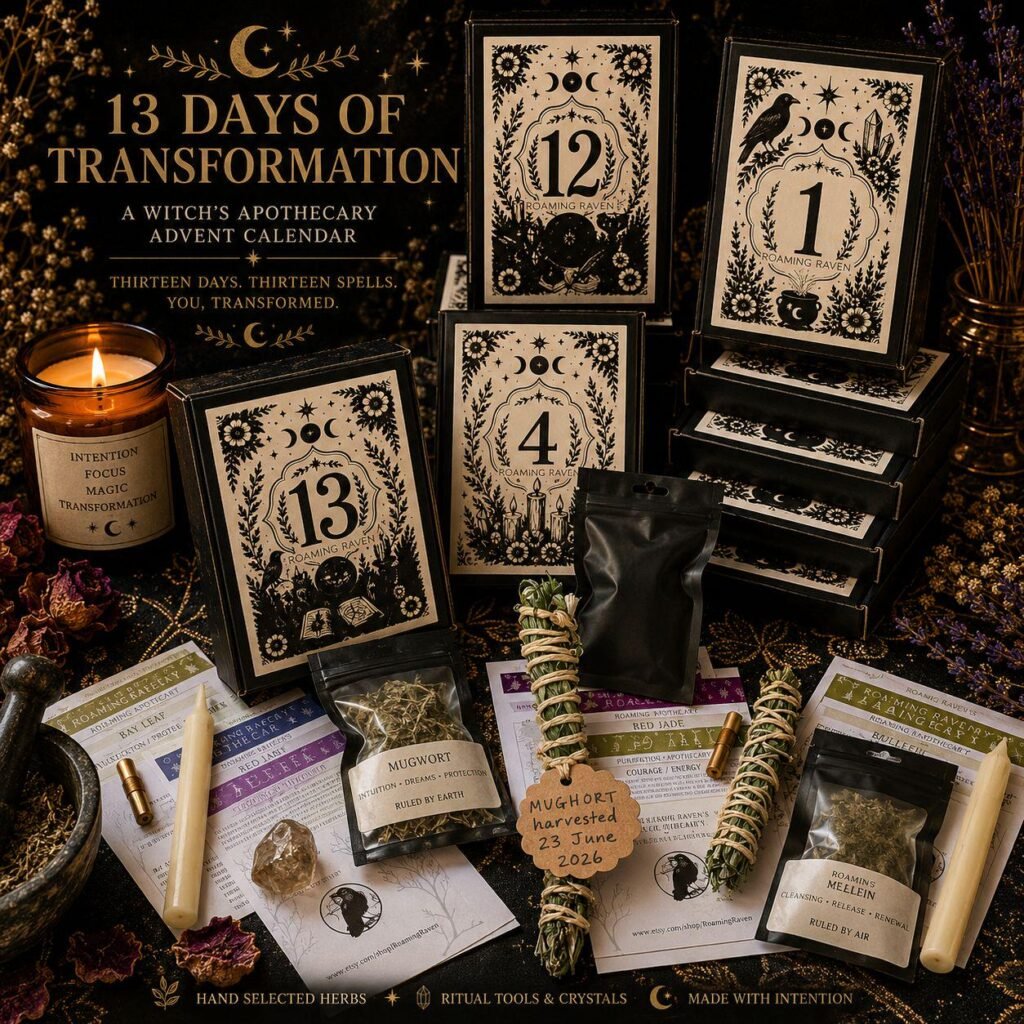The Witch's Dozen 13-Day Advent Calendar featuring thirteen individually boxed daily spell kits, herbs, crystals, candles and ritual guides by Roaming Raven.