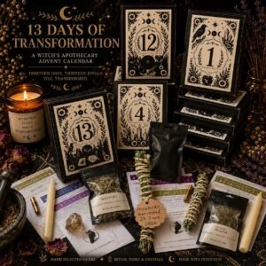 The Witch's Dozen 13-Day Advent Calendar featuring thirteen individually boxed daily spell kits, herbs, crystals, candles and ritual guides by Roaming Raven.