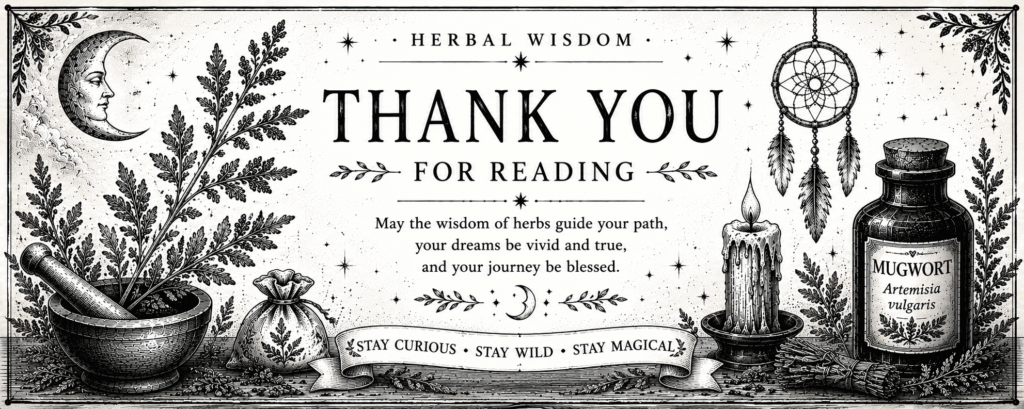 Vintage black and white Herbal Wisdom closing banner featuring mugwort, moon, candle, apothecary jar and botanical illustrations.
